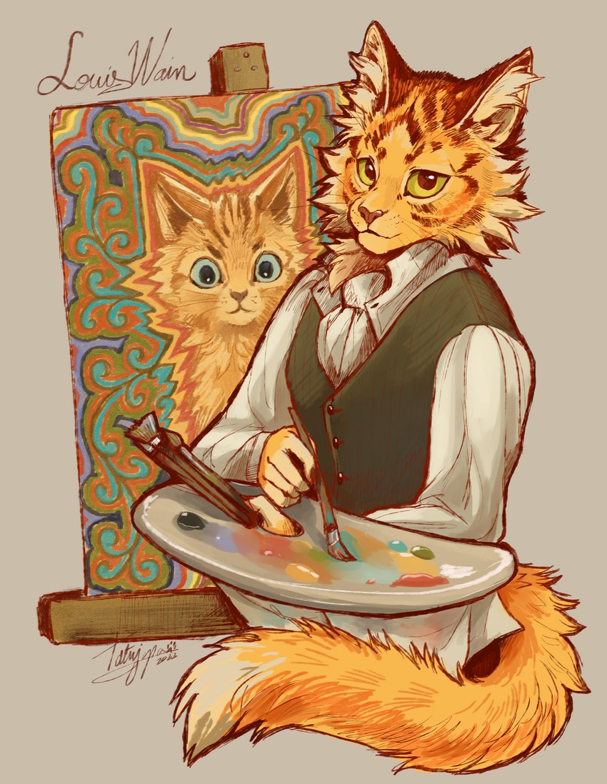 anthro brush clothed clothing creating_art dipstick_tail easel facial_markings fur fur_tuft green_eyes green_sclera head_markings historical history holding_object homage inner_ear_fluff looking_at_viewer male markings orange_body orange_fur paint paintbrush painter painting painting_(action) palette psychedelic shirt simple_background solo style_emulation tail tail_markings topwear tuft undershirt vest whiskers yellow_body tatujapa louis_wain_(copyright) domestic_cat felid feline felis mammal 2023 absurd_res hi_res inspired_by_formal_art signature