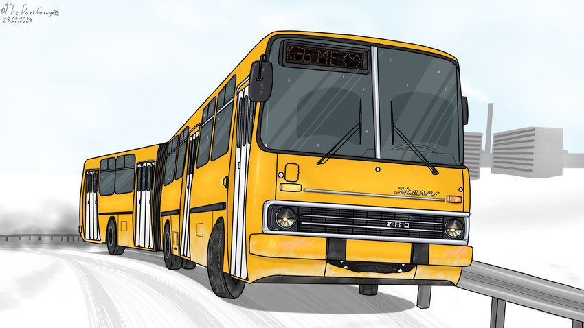 articulated_bus building bus car commercial_vehicle detailed_background fangs guardrail machine not_furry open_mouth road smile smoke snow teeth text vehicle what winter yellow_body thedarkgarage ikarus animate_inanimate dire_machine living_car living_machine living_vehicle 16:9 4k absurd_res colored digital_drawing_(artwork) digital_media_(artwork) english_text hi_res widescreen