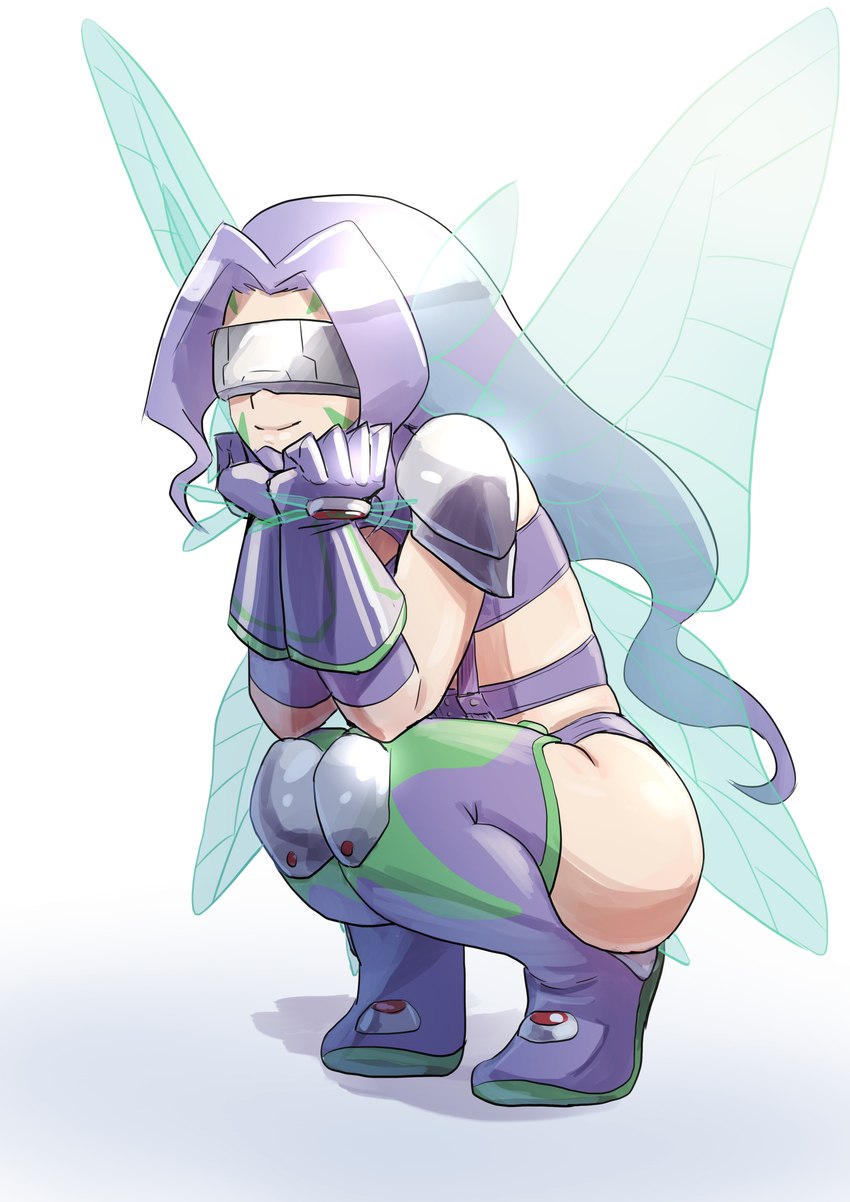 big_butt butt clothing covered_eyes female hair hands_on_chin handwear high_boots insect_wings legwear long_hair markings pink_clothing purple_hair simple_background sitting smile solo underwear visor white_background wings hase_popopo bandai_namco digimon digimon_frontier digimon_(species) fairy humanoid kazemon absurd_res hi_res