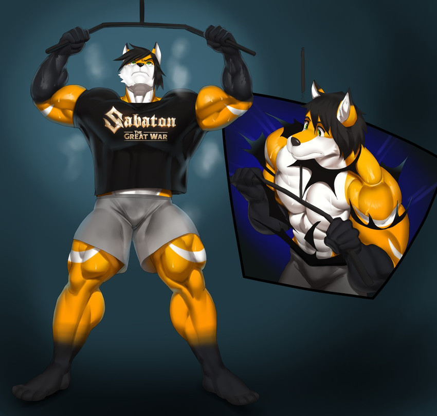 abs anthro biceps bodily_fluids clothed clothing flexing hair male muscular muscular_anthro muscular_male musk pecs solo sweat torn_clothing training_weights justmegabenewell sabaton_(band) james_wilde_(james-wild) canid canine fox mammal hi_res