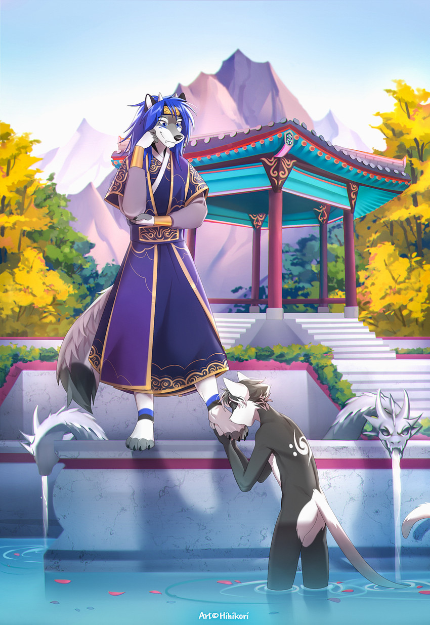 4_toes 5_fingers anthro barefoot blue_eyes blue_hair claws clothed clothing day detailed_background duo feet fingers hair male nude outside partially_submerged paws plantigrade sky toes hihikori canid canine felid feline fox mammal 2020 digital_media_(artwork) hi_res