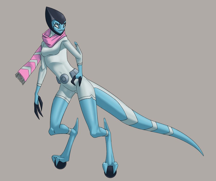 2_toes 3_fingers biped black_claws blue_body blue_skin bodysuit breasts claws clothed clothing digitigrade eyebrows facial_markings feet female fingers fully_clothed fully_clothed_female hairless head_markings markings no_irises no_pupils pink_scarf prehensile_feet scarf simple_background skinsuit smile solo standing tight_clothing toes wheel white_eyes lumen_fox ben_10 cartoon_network fan_character x-s_(lumen_fox) alien alien_humanoid humanoid kineceleran 2021 digital_media_(artwork) hi_res