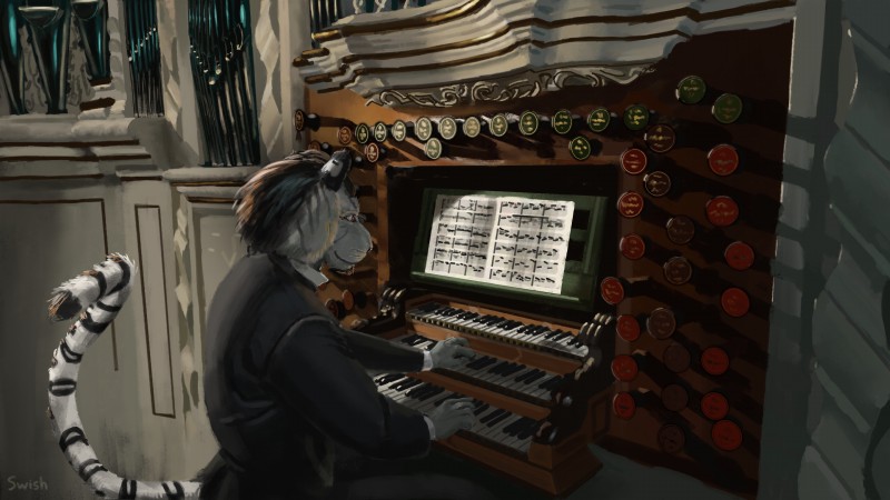 anthro detailed_background fugue keyboard_instrument male musical_instrument organ_(musical_instrument) perspective pipe_organ shadow sheet_music solo wind_instrument swish felid mammal pantherine tiger 16:9 absurd_res hi_res widescreen