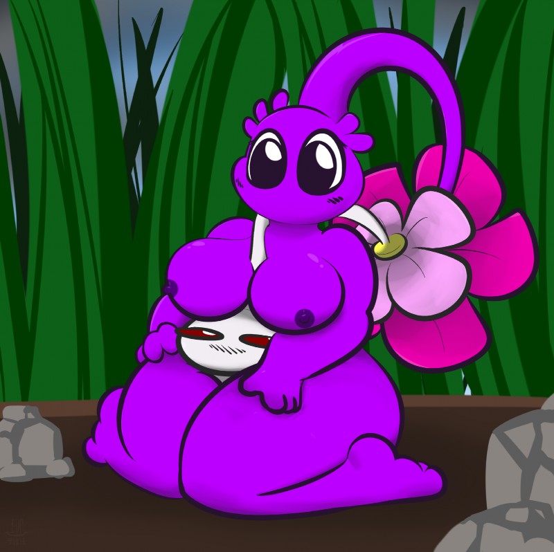 big_breasts blush breasts duo female flower huge_breasts male male/female nipples not_furry nude plant red_eyes simple_background thick_thighs 1upgobbo nintendo pikmin elemental_creature flora_fauna humanoid pikmin_(species) purple_pikmin white_pikmin hi_res