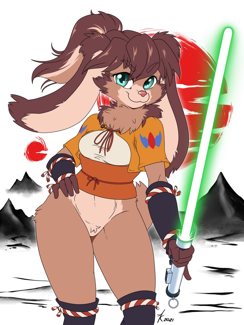 anthro asian_clothing blue_eyes bottomless brown_body brown_fur brown_hair cheek_tuft clothed clothing crotch_tuft east_asian_clothing facial_tuft featureless_crotch female floppy_ears fur gloves green_lightsaber hair hand_on_hip handwear holding_object holding_weapon japanese_clothing leggings legwear lightsaber long_ears melee_weapon neck_tuft obi ponytail short_sleeves smile solo tuft weapon atticuskotch star_wars star_wars_visions lop_(star_wars_visions) domestic_rabbit lagomorph lepi leporid lop_rabbit mammal oryctolagus rabbit 2021 3:4 digital_media_(artwork) hi_res