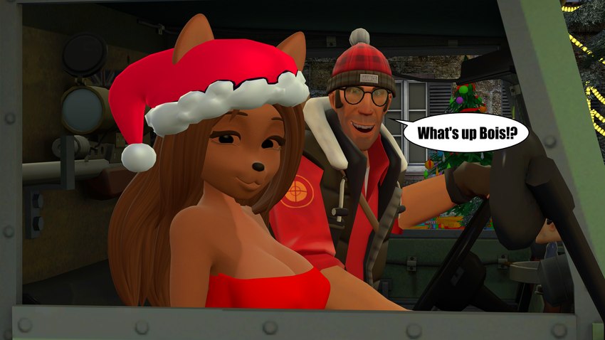 anthro big_breasts breasts camper_van christmas_clothing christmas_headwear clothing duo female hat headgear headwear holidays looking_at_viewer male parody santa_hat smile smirk mr-wolfapex christmas garry's_mod team_fortress_2 valve sniper_(team_fortress_2) human kangaroo macropod mammal marsupial 16:9 3d_(artwork) absurd_res digital_media_(artwork) hi_res widescreen