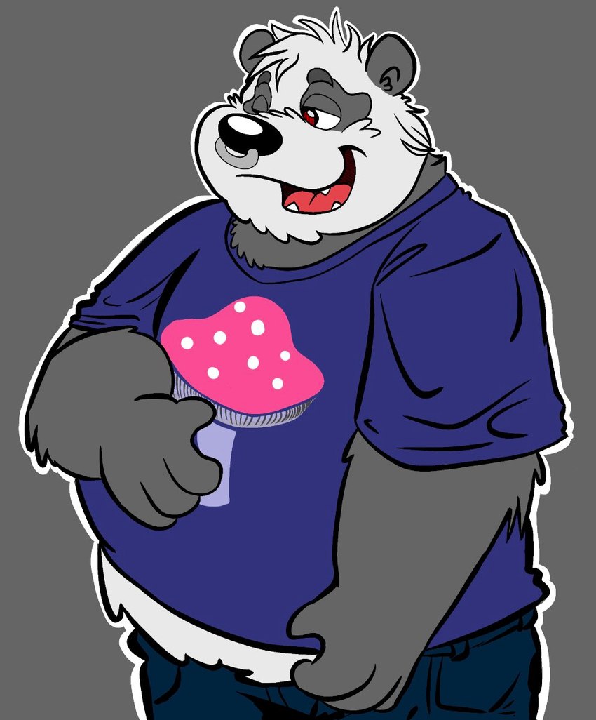 anthro black_body black_nose bottomwear clothing facial_piercing humanoid_hands male nose_piercing nose_ring one_eye_closed overweight overweight_male pants piercing ring_piercing shirt simple_background solo topwear white_body wink jakegr kanon bear giant_panda mammal 2022 hi_res