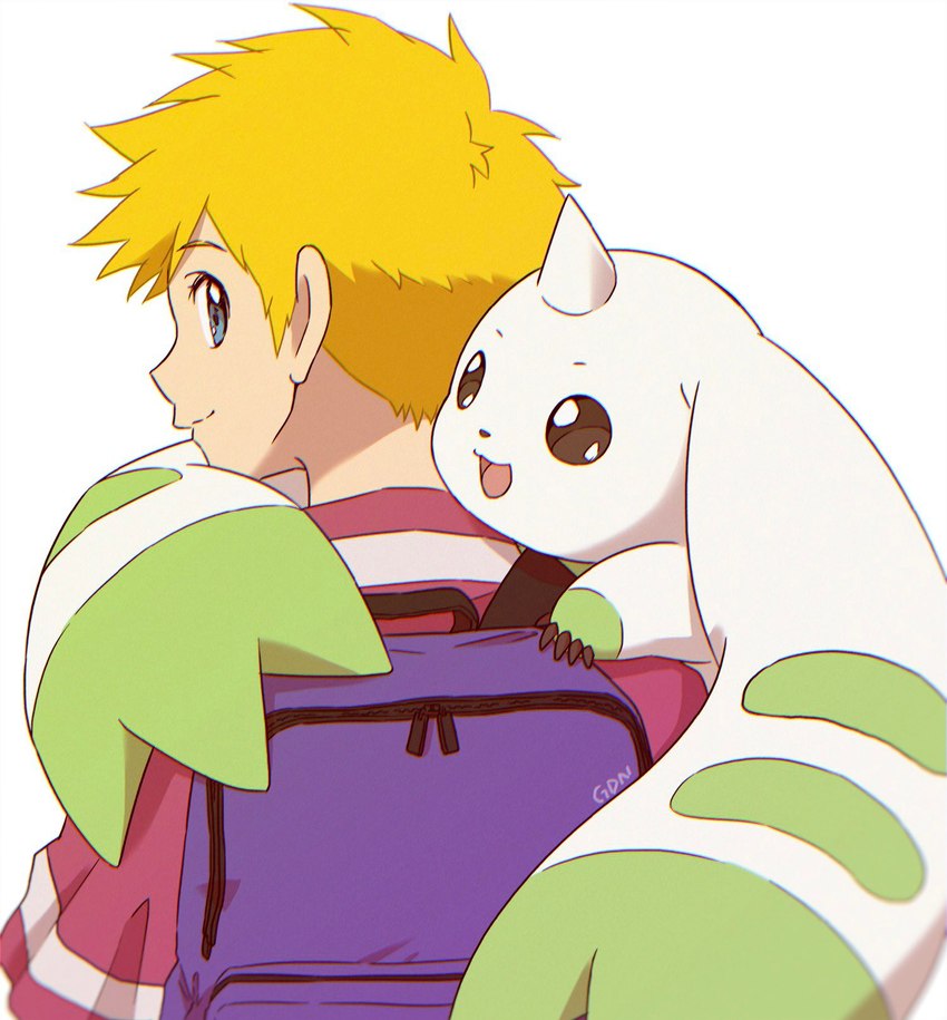 anthro backpack beady_eyes blonde_hair blue_eyes duo fur hair horn long_ears looking_back male white_body white_fur gdn0522 bandai_namco digimon willis_(digimon) digimon_(species) human mammal terriermon hi_res