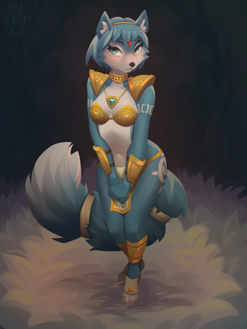 anthro armor big_tail blue_body blue_eyes blue_fur blue_hair collar female fluffy fluffy_tail fur gold_(metal) gold_armor hair navel shy solo tail tattoo white_body white_fur wide_hips metonka nintendo star_fox krystal_(star_fox) canid canine fox mammal 2024 3:4 hi_res