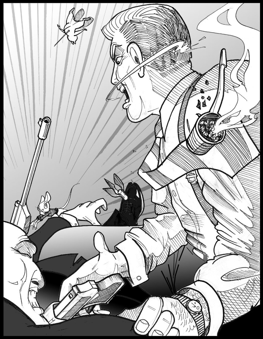 5_fingers abdominal_impalement accessory anthro black_tie_(suit) clenched_teeth clock clothing falling female fingers group gun handgun impalement necktie pistol pistol_holster ranged_weapon rifle smoking_pipe suit tail teeth trio watch weapon wristwatch chris_fischer chip_'n_dale_rescue_rangers disney chip_(disney) gadget_hackwrench chipmunk ground_squirrel human mammal mouse murid murine rodent sciurid comic hi_res monochrome