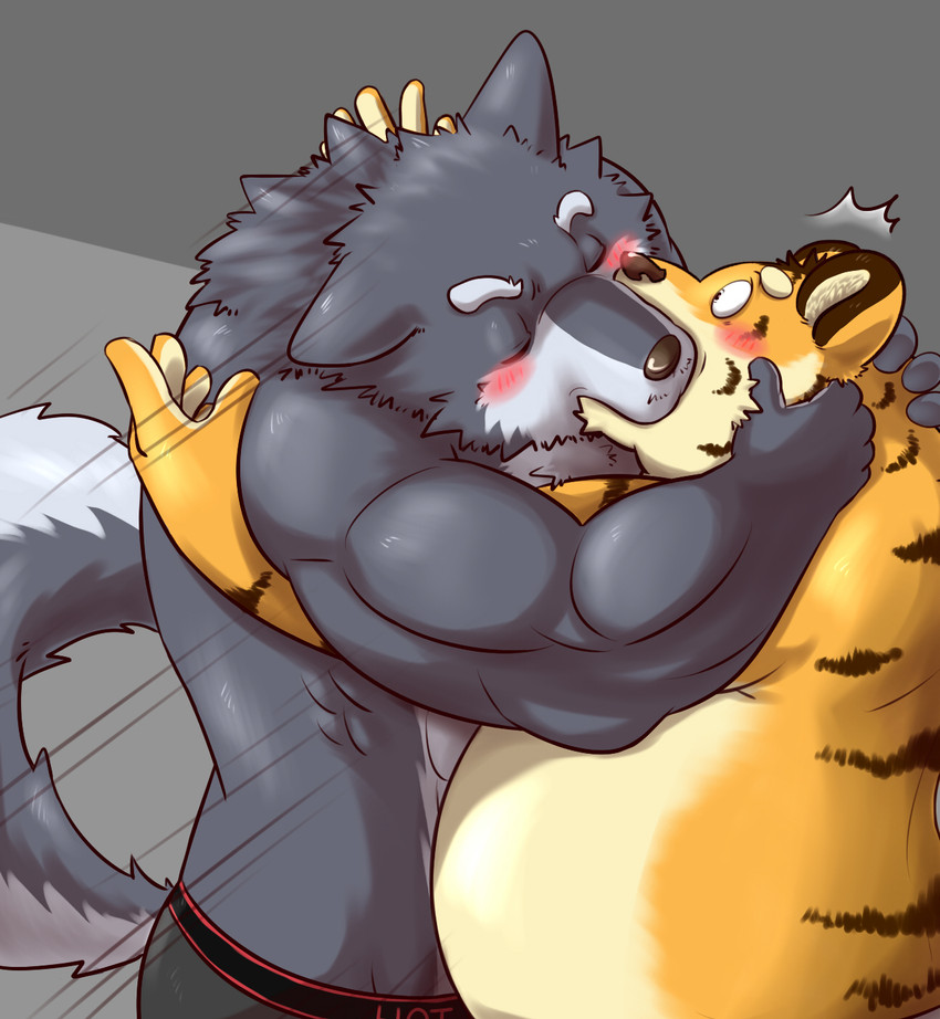 anthro barazoku belly blush clothing duo eyes_closed hug humanoid_hands kemono kissing male male/male muscular overweight overweight_male simple_background underwear wdh3905 canid canine canis felid mammal pantherine tiger wolf 2015 hi_res