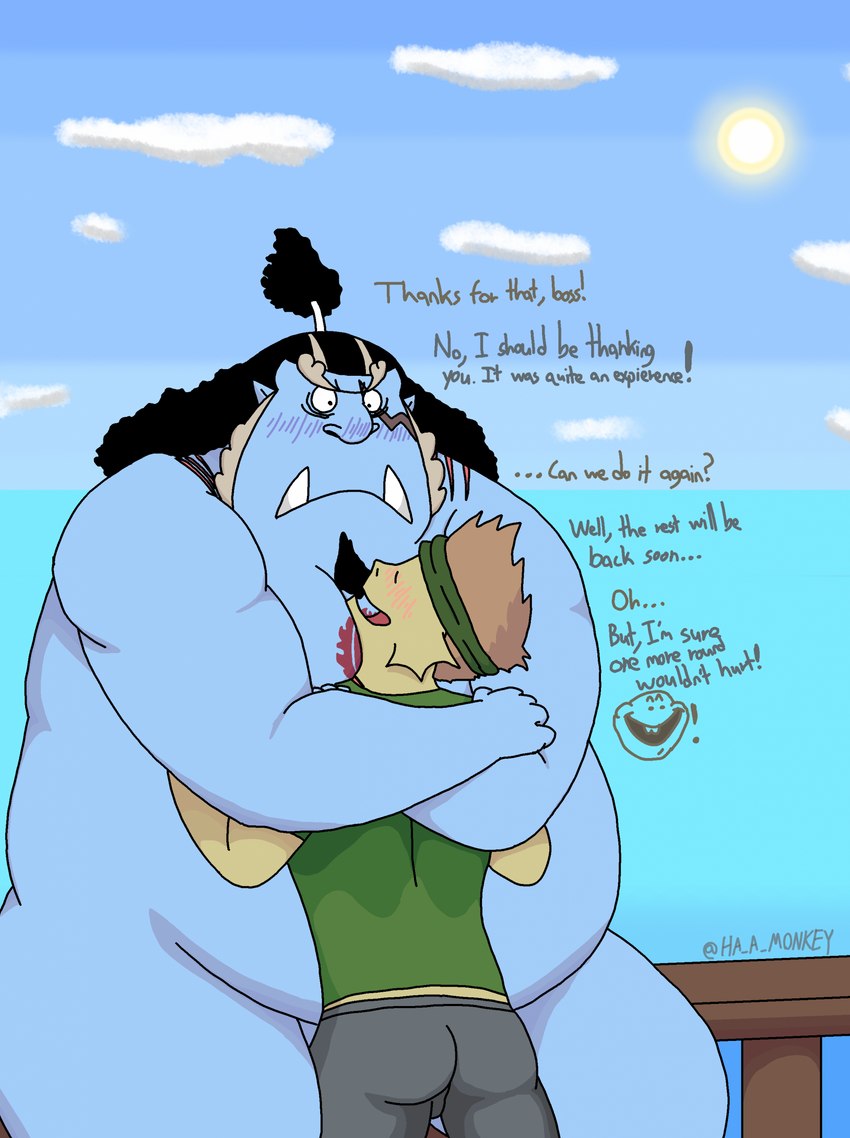 after_sex belly big_belly blue_body blue_skin blush clothed clothed/nude clothing cuddling duo hug male male/male nude overweight overweight_male sea size_difference sky text tusks water yellow_body ha_a_monkey one_piece jinbe animal_humanoid fish fish-men_(one_piece) fish_humanoid humanoid marine marine_humanoid english_text hi_res