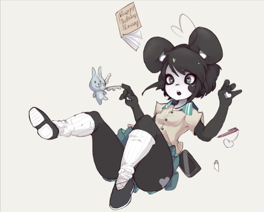 ahoge anthro big_ears black_hair book breasts clothed clothing convenient_censorship doll dress electronics falling female footwear hair heart_ahoge heart_pupils heart_symbol pen phone shirt shoes small_breasts socks solo thick_thighs topwear young young_female penn_foxji kenny_(kenashcorp) bear giant_panda mammal