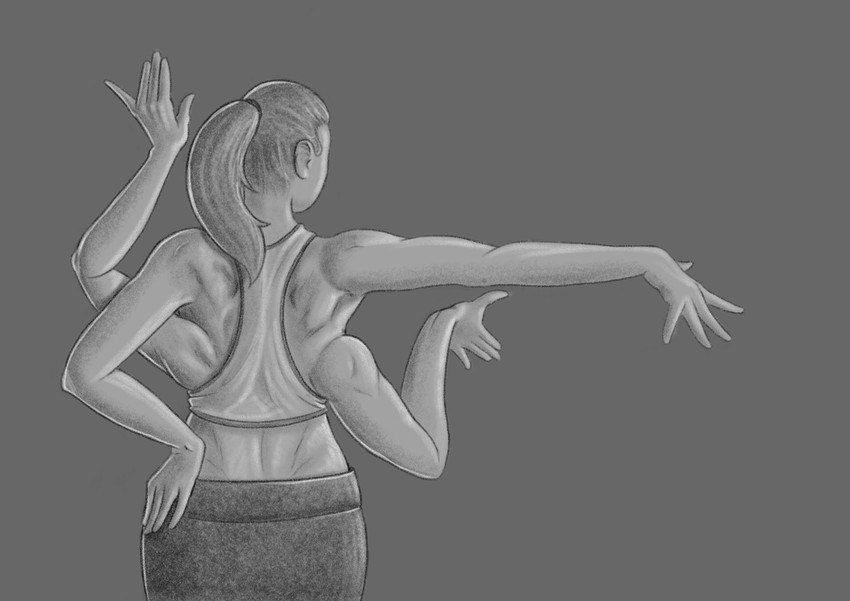 4_arms clothing female hair long_hair multi_arm multi_limb muscular shirt solo stretching tank_top topwear tfancred human mammal absurd_res digital_media_(artwork) hi_res monochrome