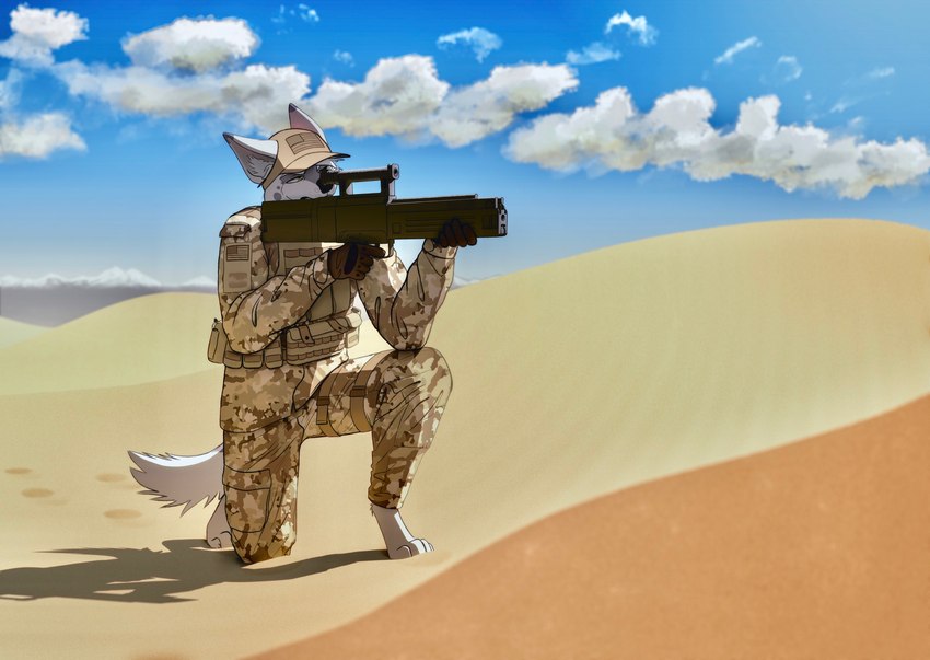 american_flag anthro assault_rifle clothing desert g11 gun male military_uniform ranged_weapon rifle sand solo uniform united_states_of_america weapon unknown_artist heckler_and_koch bowman_ween canid canine canis hybrid hyena mammal wolf hi_res