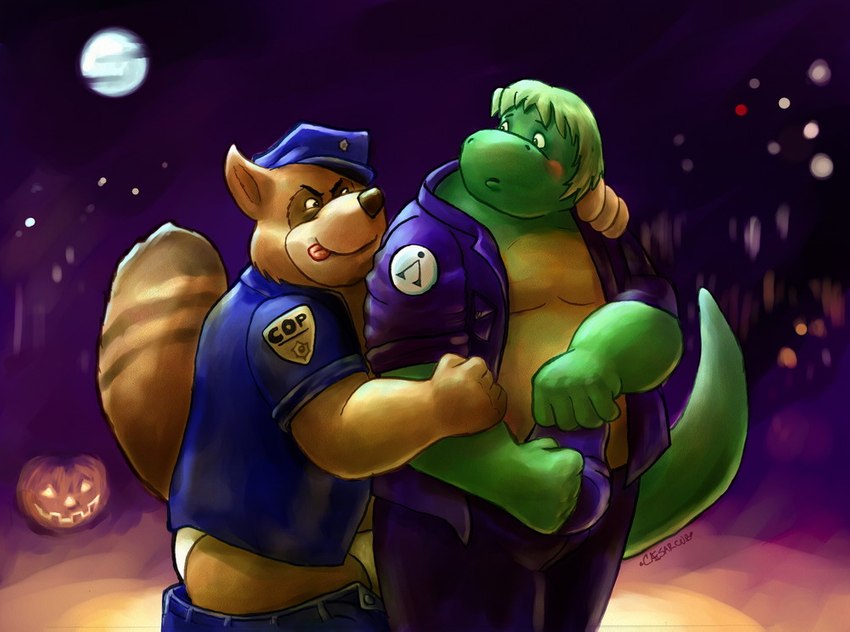 blush brown_body brown_fur clothing detailed_background duo food fruit fur green_body holidays humanoid_hands male male/male moon night outside overweight overweight_male plant police police_hat police_uniform pumpkin tongue tongue_out uniform caesarcub lilpiggyboy halloween alligator alligatorid canid canine crocodilian mammal raccoon_dog reptile scalie tanuki 2007