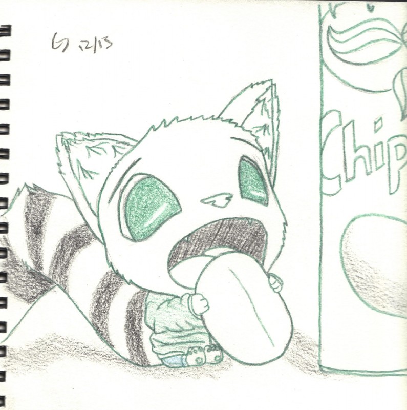 3_toes ambiguous_gender anthro biped chibi chips_(food) clothed clothing eating feet food green_eyes hindpaw jacket open_mouth paws sitting solo toes topwear yoyofreakcj pringles felid mammal 2013 colored_pencil_(artwork) hi_res sketch traditional_media_(artwork)