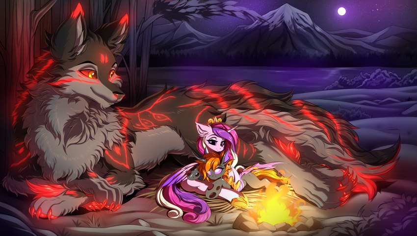 black_body claws crown fangs feathered_wings feathers female feral fire fireplace full_moon fur glowing glowing_markings grey_body grey_fur group half-closed_eyes headgear hooves horn lying male markings moon mountain narrowed_eyes night pawpads paws pink_body pink_fur purple_eyes red_claws red_markings red_sclera smile teeth trio tuft wings yellow_eyes ask-colorsound friendship_is_magic hasbro my_little_pony mythology clarity_heart_(oc) fan_character princess_cadance_(mlp) arthropod canid canine canis changeling equid equine mammal mythological_creature mythological_equine winged_unicorn wolf absurd_res hi_res