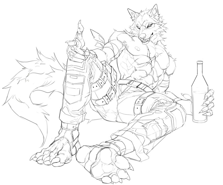 4_toes 5_fingers abs alcohol_bottle anthro barazoku belt biceps biped bottomwear clothing feet fingers looking_at_viewer male muscular muscular_anthro muscular_male pants pecs shirtless_anthro shirtless_male sitting sitting_on_ground solo toes yifeng_lz canid canine canis mammal wolf 2024 hi_res sketch