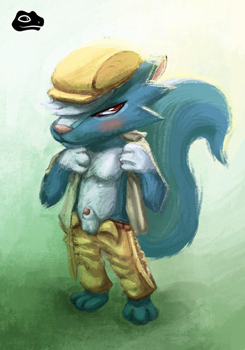 animal_genitalia anthro balls barefoot blush clothed clothing feet flat_cap genitals hat headgear headwear looking_at_viewer male penis penis_tip sheath simple_background solo toes undressing stilioweirdo animal_crossing nintendo kicks_(animal_crossing) mammal mephitid skunk hi_res