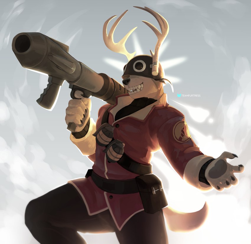 alternate_species anthro antlers armor bottomwear claws clothed clothing cloud explosion explosives fur furrification googly_eyes grenade grey_background grey_sky gun headgear helmet holding_gun holding_object holding_ranged_weapon holding_weapon horn male open_mouth pants ranged_weapon red_clothing red_topwear rocket_jump rocket_launcher shirt simple_background sky smile solo tail teeth topwear weapon teamfurtress team_fortress_2 valve soldier_(team_fortress_2) canid canine canis domestic_dog mammal 2024 absurd_res digital_drawing_(artwork) digital_media_(artwork) hi_res