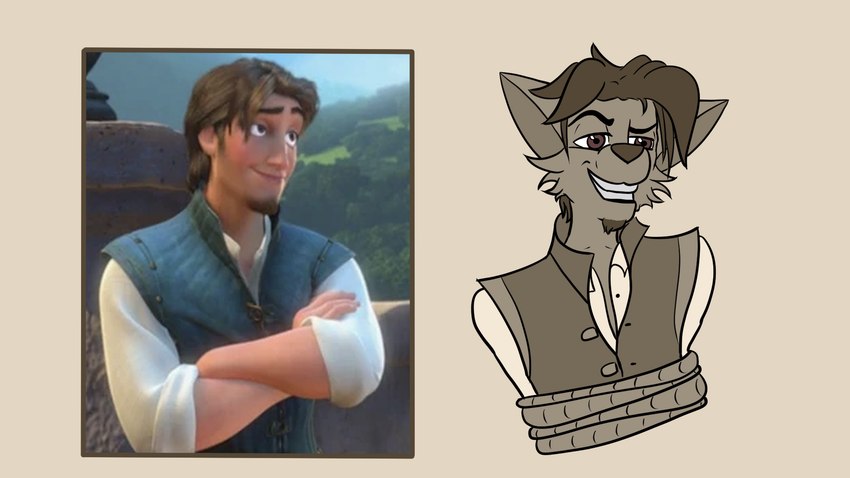 anthro bound clothing male rope solo topwear vest willitfit disney tangled_(disney) flynn_rider canid canine human mammal 16:9 hi_res monochrome sepia widescreen