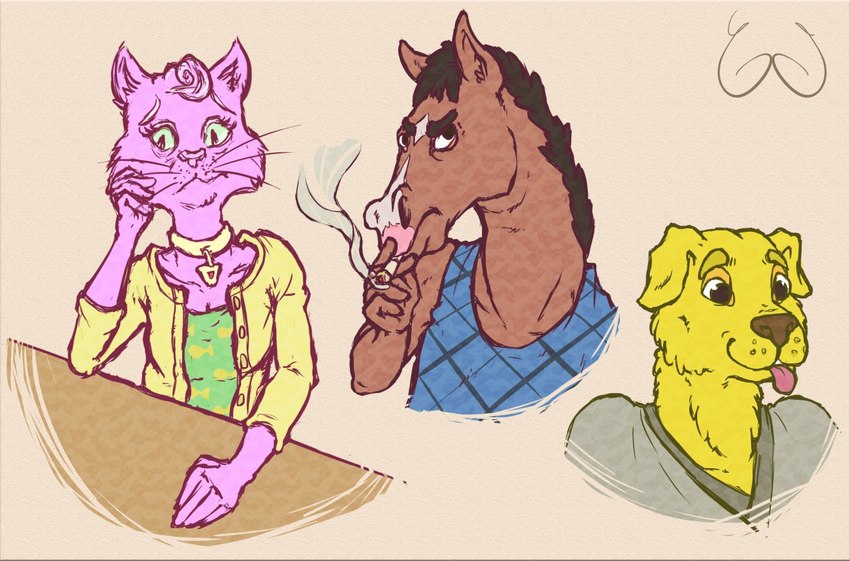 anthro cigarette clothed clothing coat drugs female fur group jewelry male necklace pink_body pink_fur shirt smoking tongue tongue_out topwear trio whiskers yellow_body yellow_fur elliotshoe bojack_horseman netflix bojack_horseman_(character) mr._peanutbutter princess_carolyn canid canine canis domestic_cat domestic_dog equid equine felid feline felis horse mammal