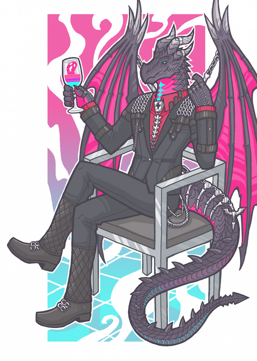 4_horns 5_fingers anthro back_wings black_body black_boots black_bottomwear black_claws black_clothing black_footwear black_jacket black_pants black_scales black_tail black_topwear black_wings blue_body blue_eyes blue_scales boots bottomwear chain chair claws clothed clothed_anthro clothed_male clothing container crossed_legs cup drinking_glass finger_claws fingers footwear furniture glass glass_container glass_cup grey_horn grey_spikes holding_container holding_cup holding_drinking_glass holding_object holding_wine_glass horn horn_jewelry horn_ring jacket jewelry male male_anthro membrane_(anatomy) multi_horn multicolored_body multicolored_scales outline pants pink_body pink_membrane pink_scales pink_wings red_clothing red_shirt red_topwear ring_(jewelry) scales shirt shoes sitting solo spikes spikes_(anatomy) tail topwear two_tone_wings white_outline wine_glass wing_spikes wings snarkysardine dislyte european_mythology lilith_games mythology nyles_(dislyte) dragon mythological_creature mythological_scalie scalie western_dragon 2025 hi_res