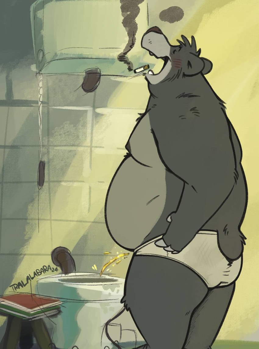 anthro bathroom blush blush_lines bodily_fluids briefs cigarette clothed clothing eyes_closed genital_fluids male monotone_briefs monotone_clothing monotone_underwear nipples open_mouth open_smile overweight overweight_anthro overweight_male pantsless pantsless_anthro pantsless_male peeing smile smoke smoking smoking_cigarette solo standing tighty_whities toilet topless underwear underwear_only urine urine_stream white_briefs white_clothing white_underwear haps the_jungle_book baloo bear mammal sloth_bear ursine 2024 hi_res