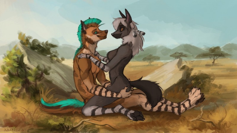 4_toes 5_fingers anthro black_body black_fur breasts butt butt_grab day detailed_background duo featureless_breasts feet female fingers fur hand_on_butt looking_at_another looking_at_partner male male/female nude outside sitting sky smile toes akineza brown_hyena hyena mammal 16:9 2020 digital_media_(artwork) widescreen