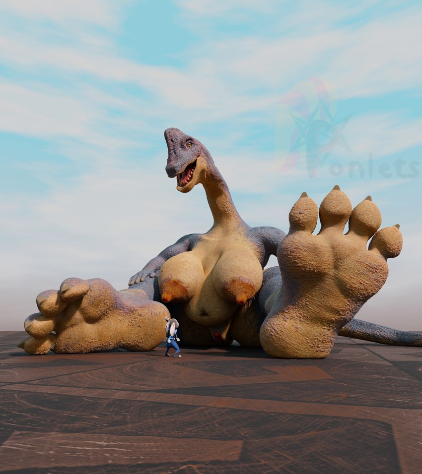 4_toes 5_fingers anthro big_breasts breasts claws clothing countershading duo feet female female_anthro fingers foot_focus front_view genitals huge_breasts macro macro_female nipples non-mammal_breasts non-mammal_nipples nude open_mouth outside pussy sitting soles standing toe_claws toes ponlets disney zootopia breana_(upai) judy_hopps brachiosaurid brachiosaurus dinosaur lagomorph leporid mammal prehistoric_species rabbit reptile sauropod sauropodomorph scalie 3d_(artwork) absurd_res blender_(artwork) digital_media_(artwork) hi_res