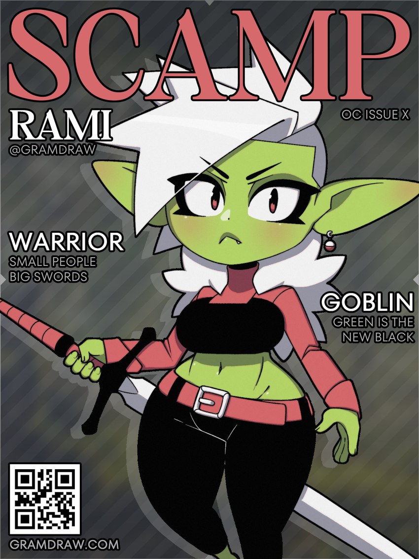 5_fingers belt big_breasts big_ears black_bottomwear black_clothing black_pants blush bottomwear breasts clothed clothed_female clothed_humanoid clothing ear_blush ear_piercing eye_through_hair female female_humanoid fingers footwear frown green_body green_ears green_face green_skin hair holding_melee_weapon holding_object holding_sword holding_weapon humanoid_pointy_ears long_ears melee_weapon midriff mouth_closed multicolored_clothing multicolored_topwear narrowed_eyes navel not_furry pants pattern_background piercing qr_code silver_hair simple_background snaggle_tooth solo standing striped_background sword text topwear translucent translucent_hair two_tone_clothing two_tone_topwear undercut warrior weapon white_text wide_hipped_female wide_hipped_humanoid wide_hips gramdraw rami_(gramdraw) goblin humanoid 2023 3:4 absurd_res cover digital_media_(artwork) english_text hi_res magazine_cover portrait three-quarter_portrait