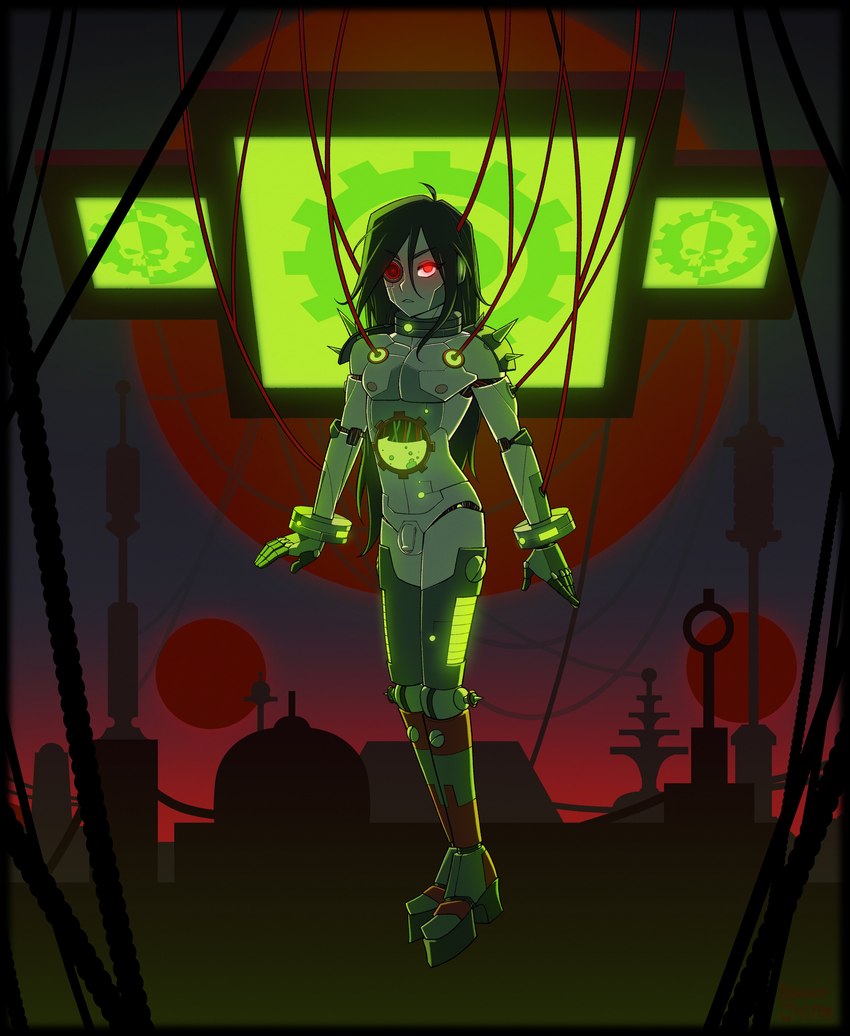 adeptus_mechanicus arm_spikes balls belly_window bone collar cuff_(restraint) cybernetic_arm cybernetic_body cybernetic_eye cybernetic_leg cybernetic_limb cybernetics dark_hair electrode flaccid genitals glowing glowing_eyes glowing_liquid green_liquid hair human_only long_hair machine male metal_collar metal_cuffs metallic_body nipples not_furry penis platform_footwear pump red_eyes restraints screens segmented_body shoulder_spikes skull small_balls small_penis solo spiked_pauldron spikes spikes_(anatomy) suspension translucent translucent_belly window wire naughtyjester warhammer_(franchise) warhammer_40000 skitarii cyborg human mammal 2024 absurd_res hi_res