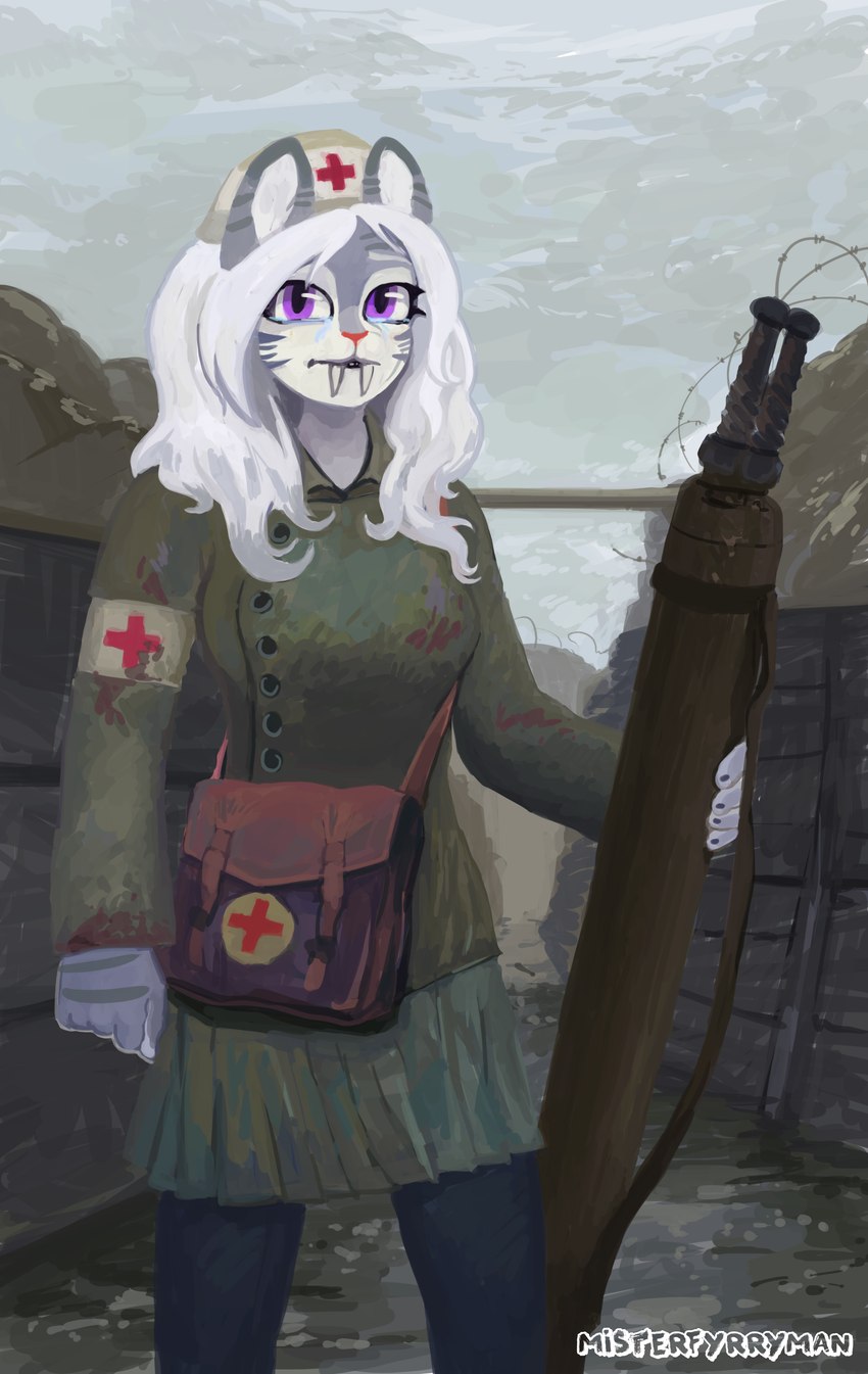 anthro battlefield blood_stained_clothing bodily_fluids clothing emotional fangs female field_medic fur grey_body grey_fur hair light_blood long_hair military_uniform purple_eyes sabertooth_(anatomy) solo stained_clothing stretcher tears teeth trench uniform white_body white_fur world_war_1 misterfyrryman shima_sonoma felid mammal prehistoric_species saber-toothed_tiger absurd_res hi_res