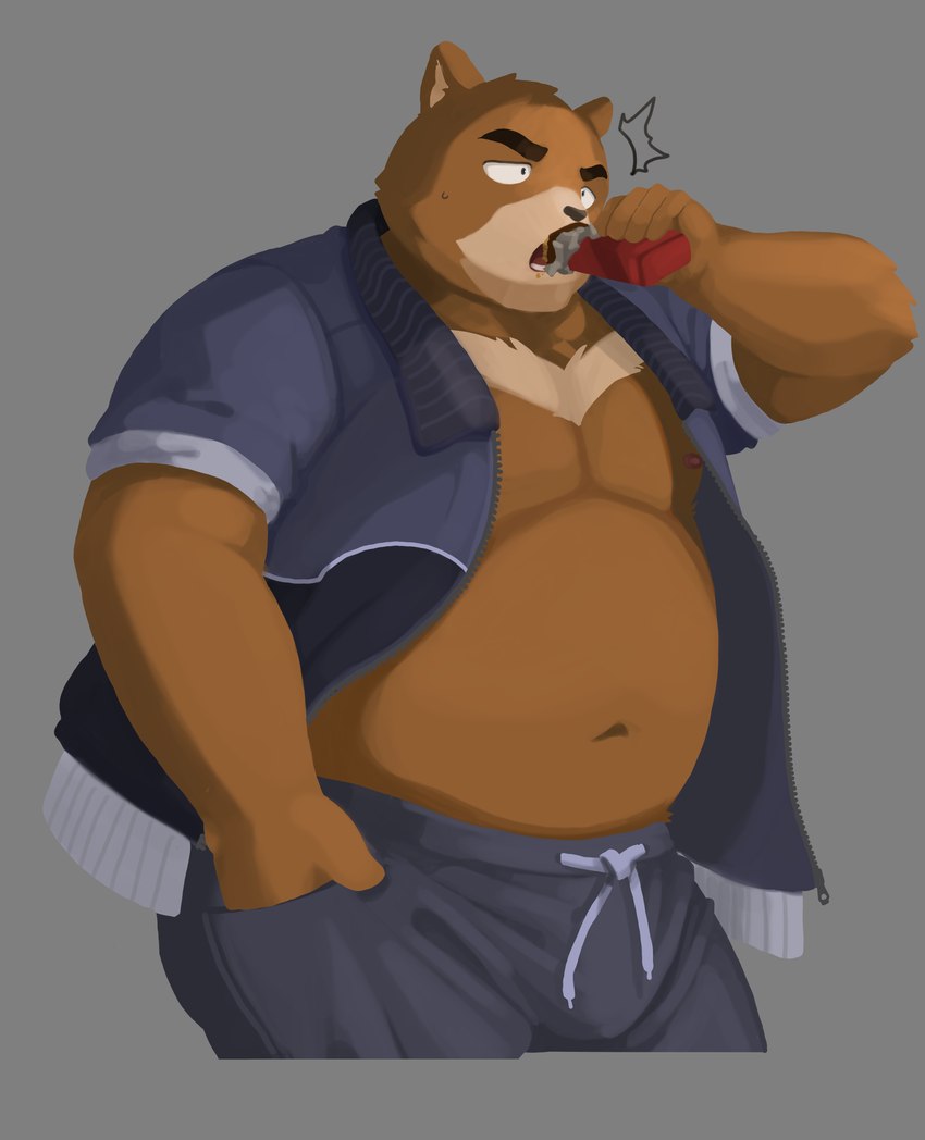 anthro belly big_belly bottomwear brown_body candy chocolate clothing dessert eating food kemono male moobs navel overweight overweight_male pants simple_background solo surprised pohoho0 morenatsu juuichi_mikazuki bear mammal 2024 absurd_res hi_res