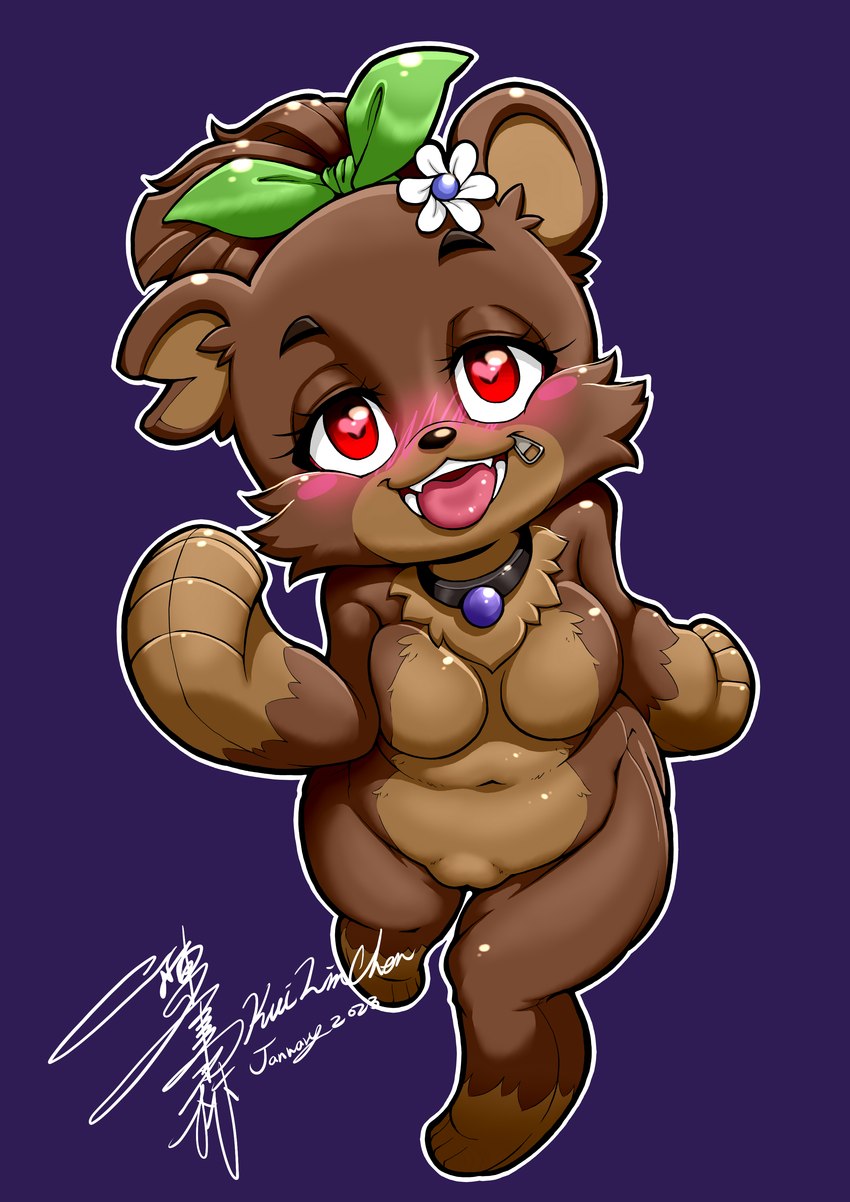 accessory anthro blush blush_stickers bow_ribbon breasts brown_body brown_fur collar collar_only eyebrows eyelashes female flower flower_in_hair fur hair hair_accessory hair_bow hair_ribbon heart_pupils heart_symbol navel nude plant plushie purple_background red_eyes ribbons simple_background solo teddy_bear teeth tongue tongue_out zipper zipper_mouth kui_lin_chen microsoft minecraft mojang xbox_game_studios bia_(slipperyt) animate_inanimate bear living_plushie mammal 2023 absurd_res hi_res signature