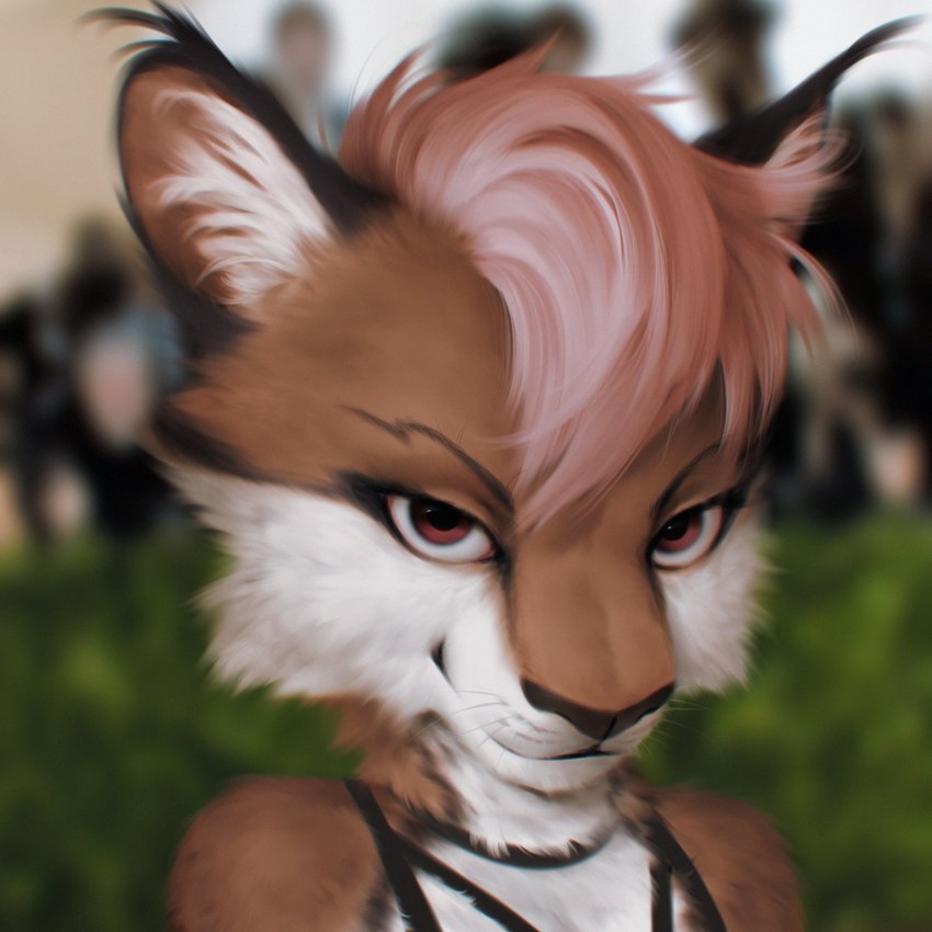 anthro black_nose blurred_background brown_body brown_fur day female fur hair looking_at_viewer outside pink_hair red_eyes smile solo whiskers white_body white_fur wayn_animation felid feline mammal 1:1 2022 adobe_photoshop_(artwork) digital_media_(artwork) hi_res