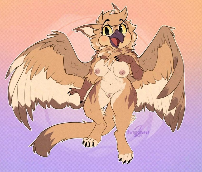 anthro beak breasts chibi digitigrade feathered_wings feathers female fluffy genitals gradient_background hand_on_breast looking_at_viewer nipples nude pussy simple_background smile solo wide_hips wings yellow_eyes sweet_chubbs mythology sona_(noxiis) avian bird eastern_screech_owl felid feline gryphon mammal mythological_avian mythological_creature owl pallas's_cat screech_owl true_owl 2024 signature watermark