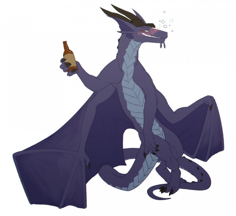 alcohol anthro beverage biped bottle container drunk featureless_crotch horn looking_at_viewer male membrane_(anatomy) membranous_wings nude simple_background smile solo standing substance_intoxication tail teeth white_background wings piranhapettingzoo mythology major_kite dragon mythological_creature mythological_scalie scalie