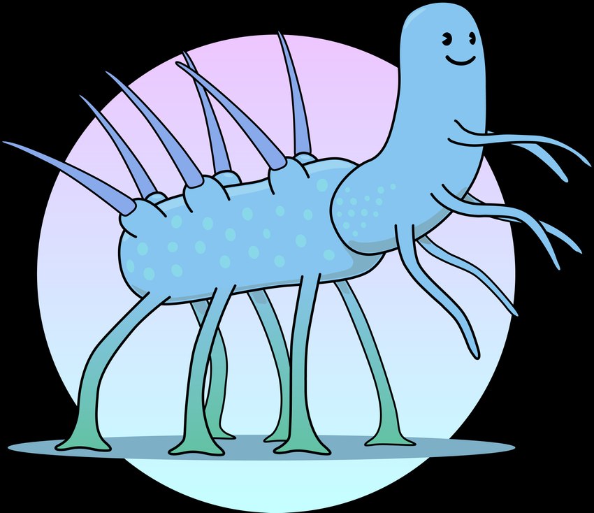 ambiguous_gender black_eyes blue_body dot_eyes feral multi_leg multi_limb smile solo spikes spikes_(anatomy) spines tentacles toony gaffamondo hallucigenia lobopod marine worm xenusiid 2015 absurd_res alpha_channel hi_res