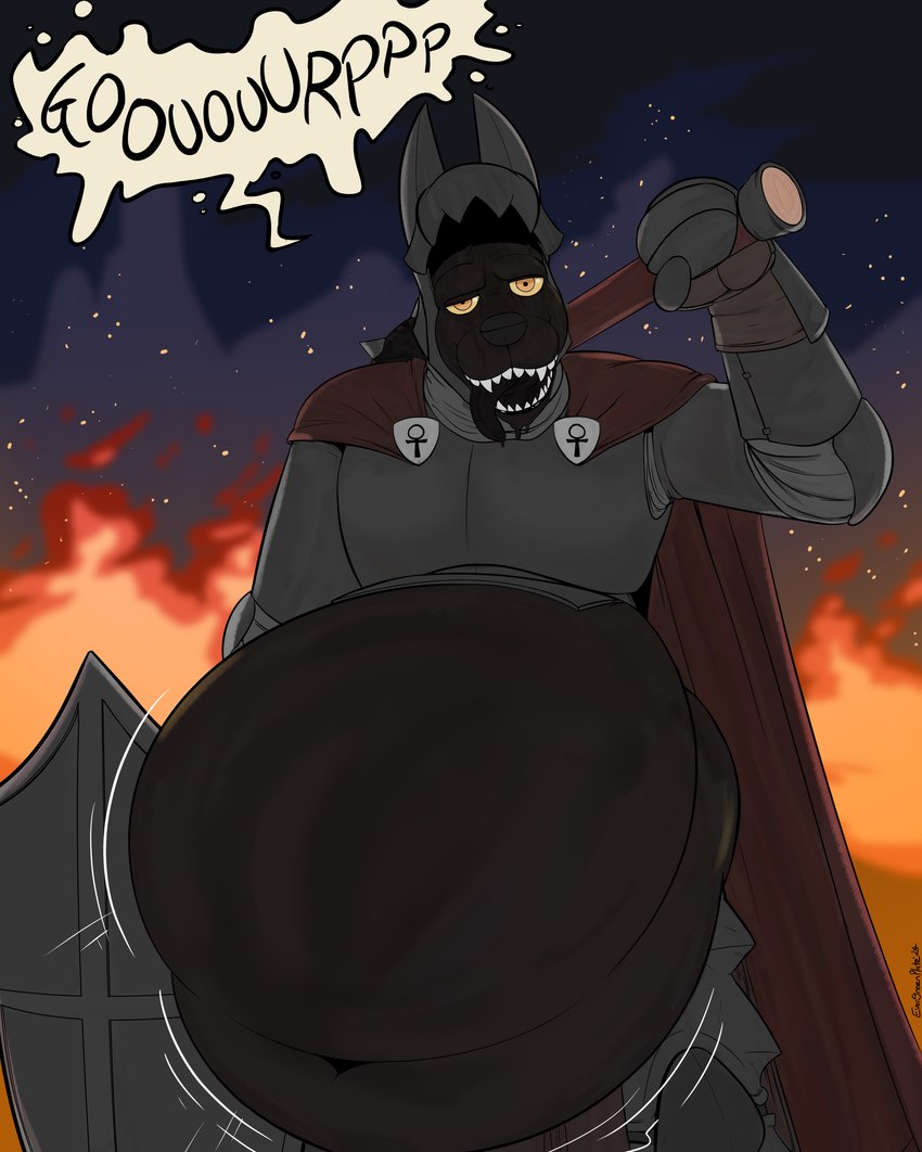 anthro armor belly big_belly black_body burping clothed clothing fire headgear holding_object knight looking_at_viewer mace male male_pred melee_weapon navel smoke solo text tongue topwear vore warrior weapon yellow_eyes evergreenplate ebony_(awoogasm) anubian_jackal canid canine canis jackal mammal absurd_res digital_media_(artwork) english_text hi_res