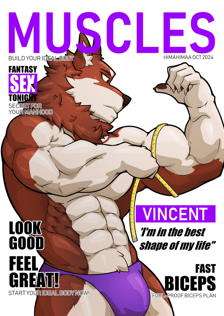 anthro biceps bulge fictional_magazine_cover fur male multicolored_body multicolored_fur muscular muscular_anthro muscular_male solo text himahimaa vince_the_malamute alaskan_malamute canid canine canis domestic_dog mammal nordic_sled_dog spitz english_text hi_res