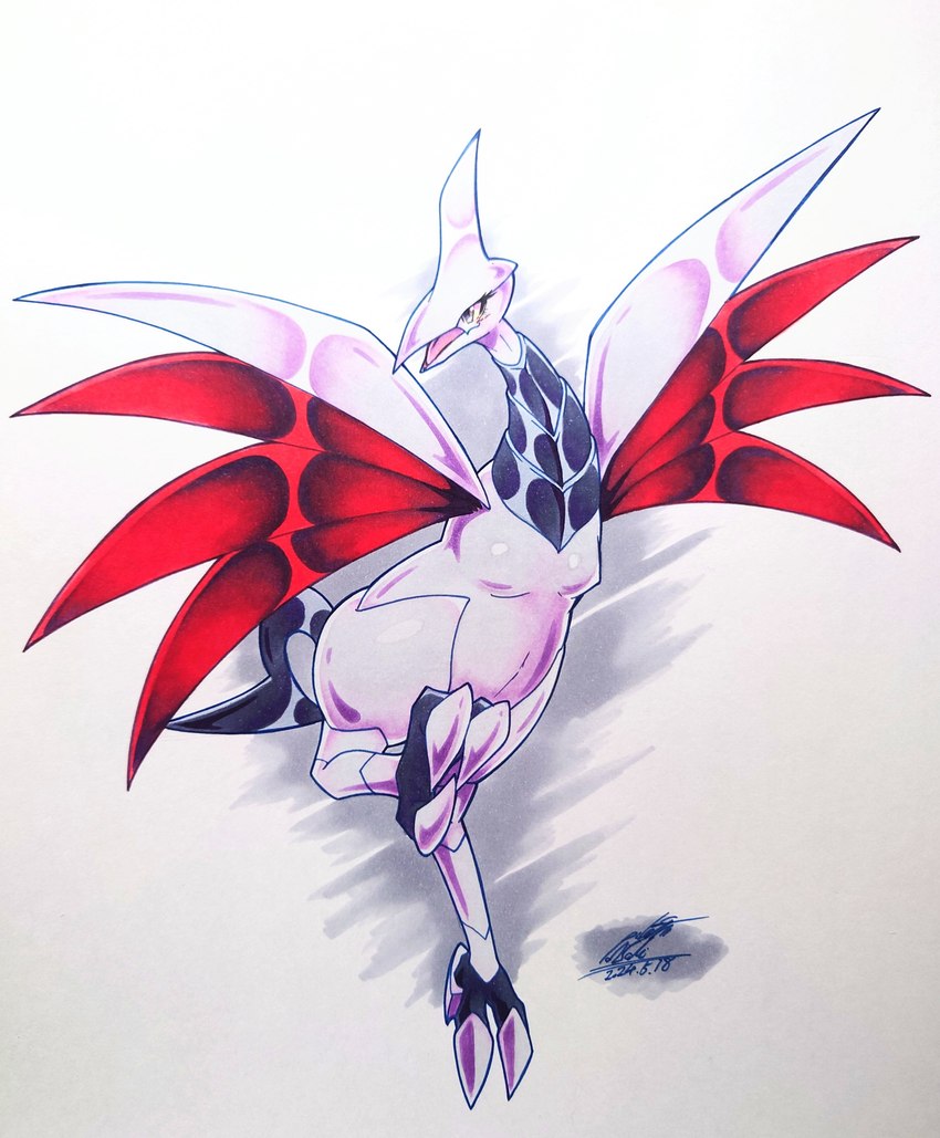 avian_feet breasts busty_feral eyelashes female feral glistening glistening_body open_mouth small_breasts spread_wings wings 025aki nintendo pokemon generation_2_pokemon pokemon_(species) skarmory absurd_res hi_res traditional_media_(artwork)