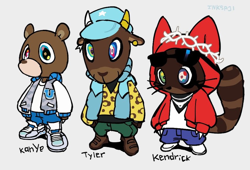 2_horns anthro biped brown_body brown_fur curved_horn fur group horn looking_at_viewer male multicolored_eyes rainbow_eyes trio inksaji graduation_(album) kanye_west kendrick_lamar dropout_bear tyler_the_creator bear bovid caprine domestic_cat felid feline felis goat mammal 2024