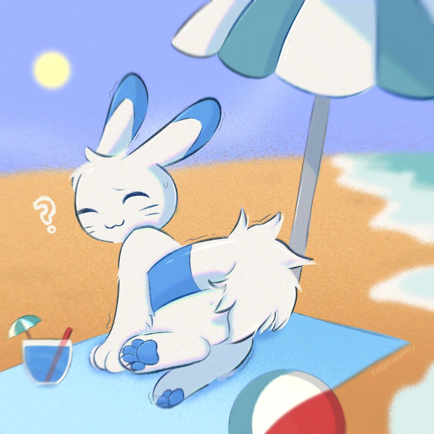 ambiguous_gender ball beach beach_ball beach_umbrella beverage blue_ears blue_pawpads eyes_closed feral fluffy fur inflatable inner_tube markings parasol pawpads paws question_mark sand sea solo striped_markings striped_tail stripes sun sunbathing tail tail_markings umbrella water whiskers white_body white_fur catptapathy 2024_pokemon_gigaleak beta_pokemon_games nintendo pokemon beta_pokemon_(species) lagomorph leporid mammal pokemon_(species) rabbit warabbit 1:1 2024 english_description hi_res