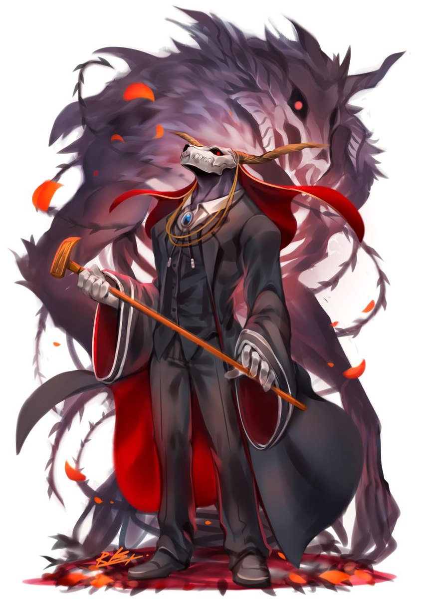 2_horns 5_fingers bone cane clothing fingers footwear gloves handwear horn humanoid_hands male red_eyes shoes simple_background skull skull_head solo standing white_background rabbity the_ancient_magus_bride elias_ainsworth monster 2019 colored hi_res