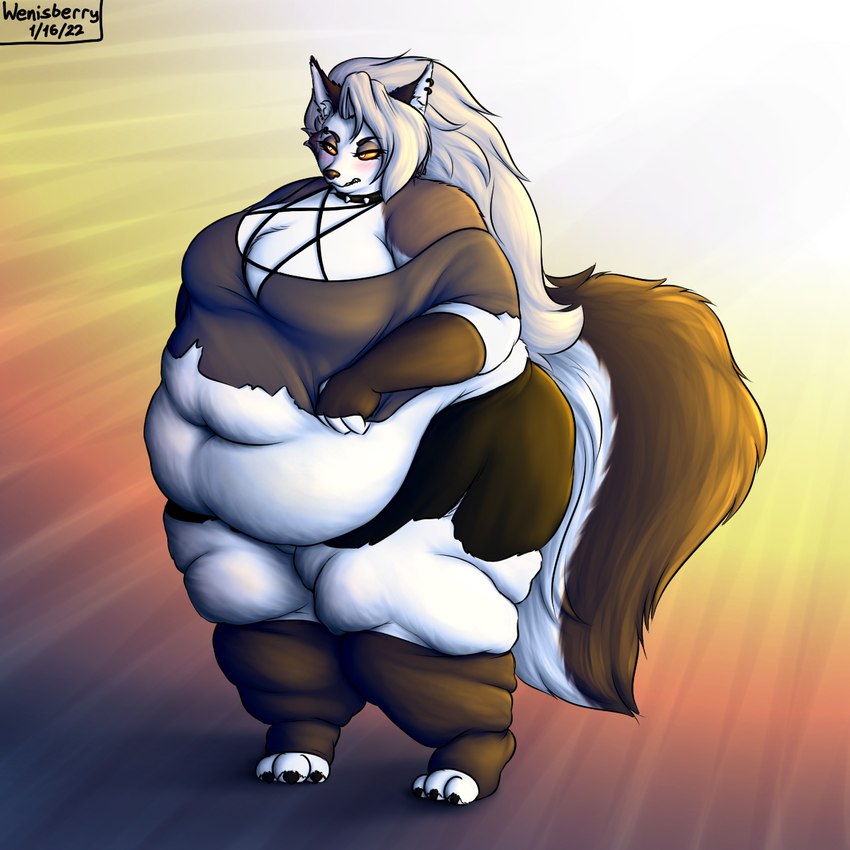 anthro black_body black_fur clothing female fur grey_hair hair morbidly_obese morbidly_obese_anthro morbidly_obese_female multicolored_body multicolored_fur obese obese_anthro obese_female overweight overweight_anthro overweight_female solo white_body white_fur wenisberry helluva_boss mythology loona_(helluva_boss) canid canid_demon canine canis demon hellhound mammal mythological_canine mythological_creature wolf 1:1 2022 digital_drawing_(artwork) digital_media_(artwork) hi_res