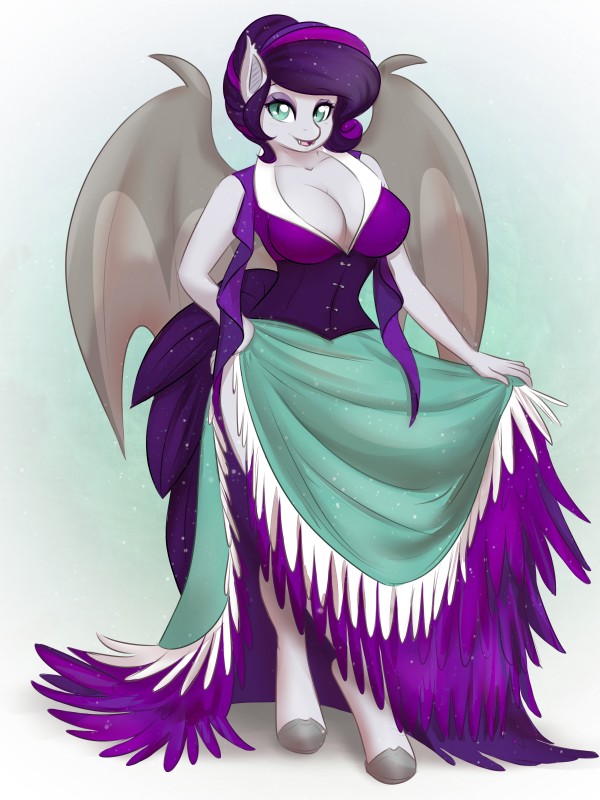 anthro bat_wings big_breasts biped breasts cleavage clothed clothing dress female fur hair hooves long_hair looking_at_viewer membrane_(anatomy) membranous_wings multicolored_hair open_mouth purple_hair smile solo standing teal_eyes two_tone_hair wings thecatnamedfish hasbro my_little_pony fan_character bat_pony equid hybrid mammal thestral 3:4 absurd_res hi_res