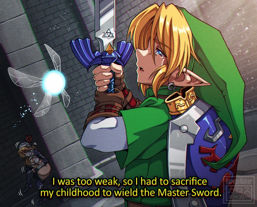 blonde_hair blue_eyes bodily_fluids breasts cleavage clothed clothing dialogue ear_piercing ear_ring fingerless_gloves gloves group hair handwear hat headgear headwear holding_melee_weapon holding_object holding_sword holding_weapon humanoid_pointy_ears light_body light_skin male master_sword melee_weapon not_furry piercing pointy_ears ring_piercing sword tears text trio undressing weapon wings karosu-maker nintendo ocarina_of_time the_legend_of_zelda link navi sheik_(tloz) fairy humanoid hylian english_text signature