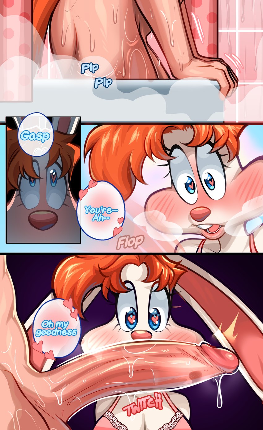 anthro balls blush breasts cleavage clothed clothing crossgender dialogue duo eyelashes female ftm_crossgender genitals hair heart_eyes heart_symbol humanoid_genitalia humanoid_penis male male/female mostly_offscreen_character mtf_crossgender nude orange_hair penis pupils speech_bubble text memjioof disney who_framed_roger_rabbit jessica_rabbit roger_rabbit canid canine fox lagomorph leporid mammal rabbit red_fox true_fox absurd_res comic hi_res